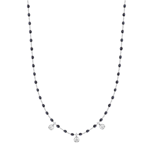 Gigi Clozeau - Collier noir Mini Gigi, or blanc, 3 diamants, 42 cm