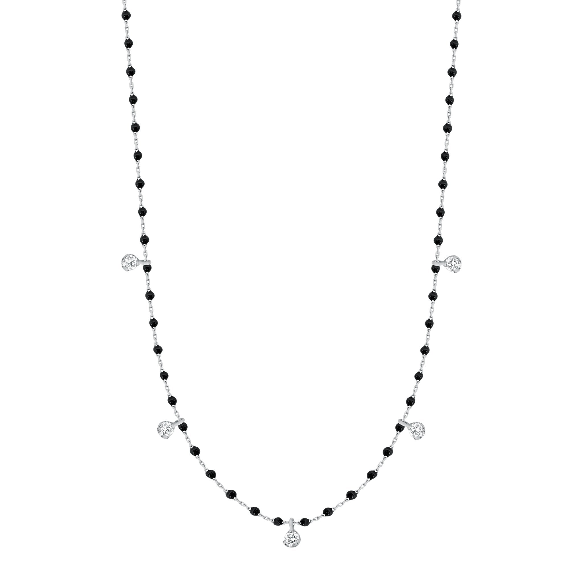Gigi Clozeau - Collier noir Mini Gigi, or blanc, 5 diamants, 55 cm