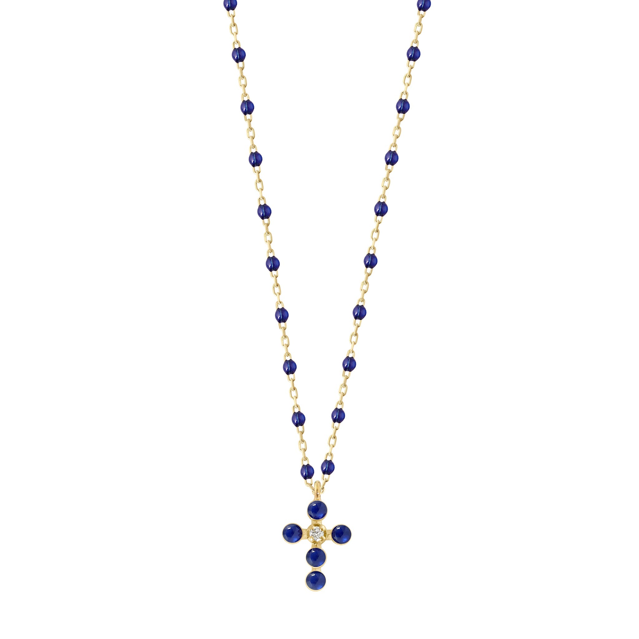 Gigi Clozeau - Collier prusse Croix Perlée, or jaune, 1 diamant, 42 cm