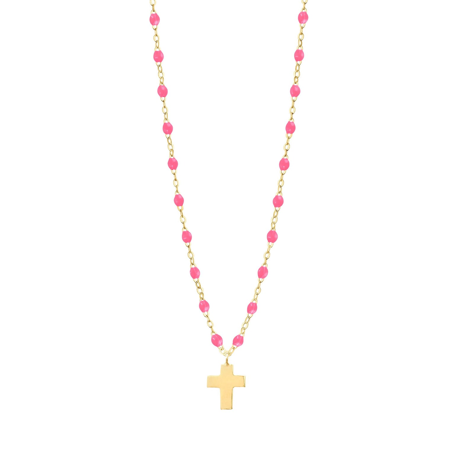 Gigi Clozeau - Collier rose fluo Croix Classique Gigi, or jaune, 42 cm