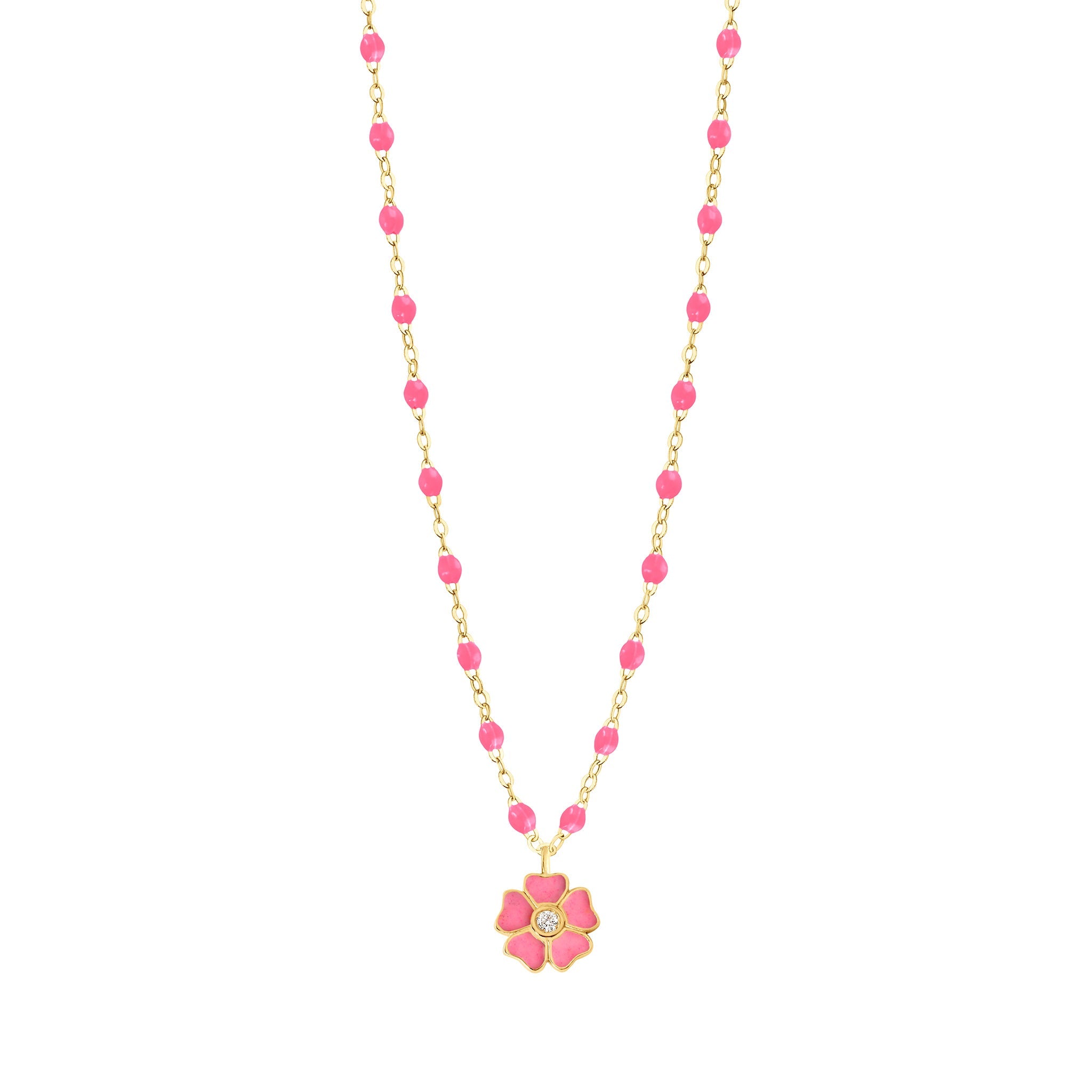Gigi Clozeau - Collier rose fluo Fleur, diamant, or jaune, 42 cm