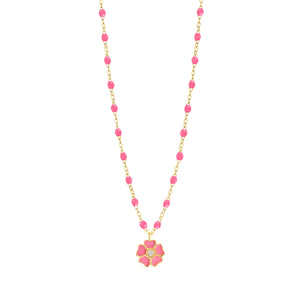 Gigi Clozeau - Collier rose fluo Fleur, diamant, or jaune, 42 cm