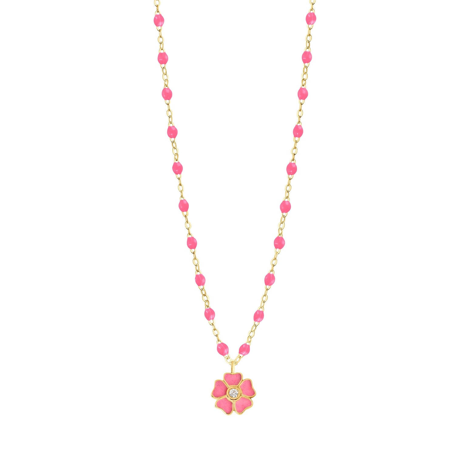 Gigi Clozeau - Collier rose fluo Fleur, diamant, or jaune, 42 cm
