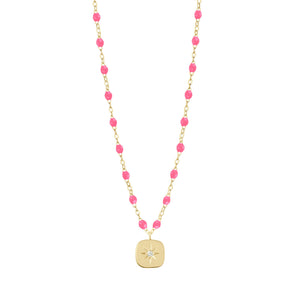 Gigi Clozeau - Collier rose fluo Miss Gigi diamant, or jaune, 42 cm
