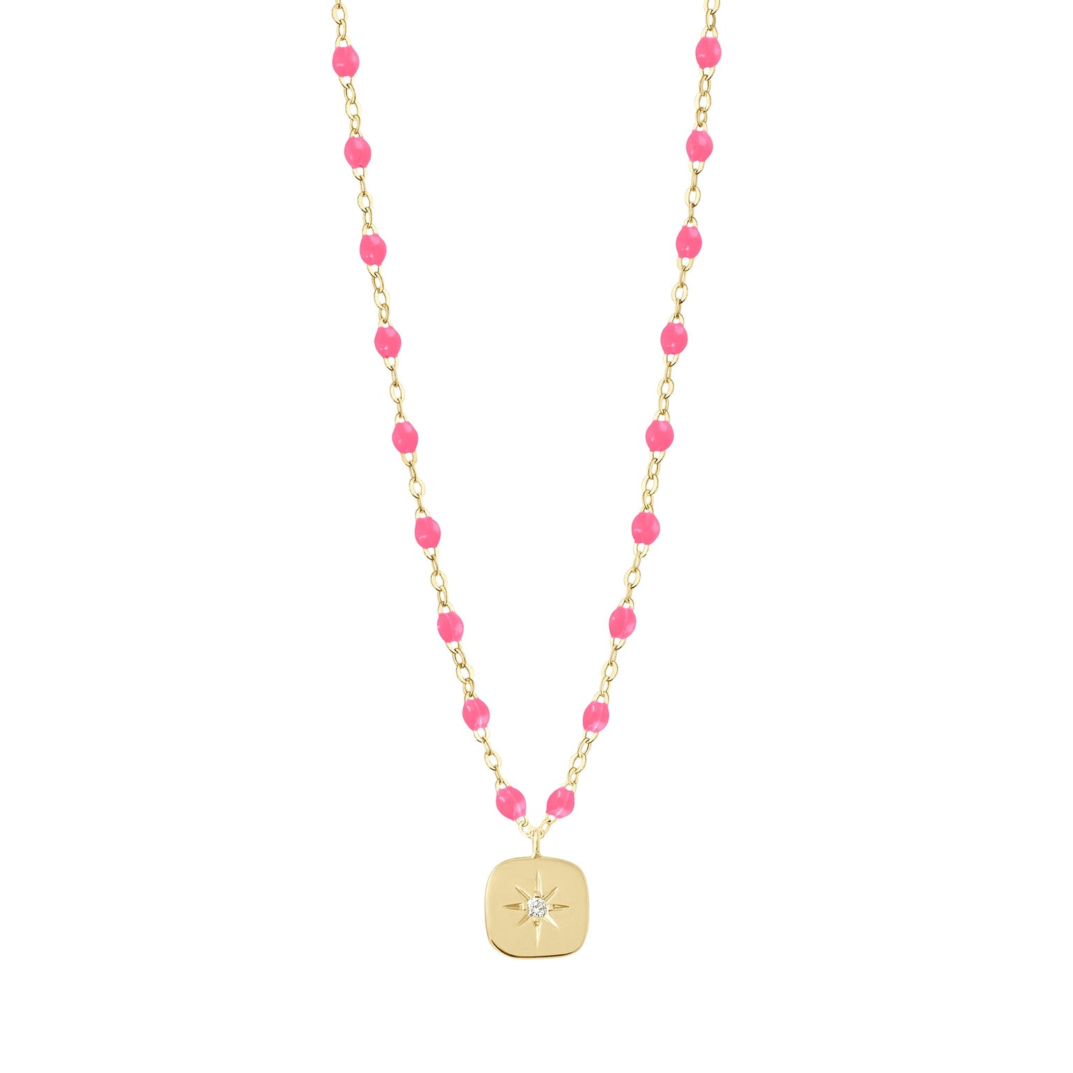 Gigi Clozeau - Collier rose fluo Miss Gigi diamant, or jaune, 42 cm