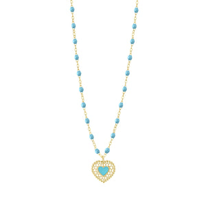 Gigi Clozeau - Collier turquoise Cœur Dentelle, or jaune, 42 cm