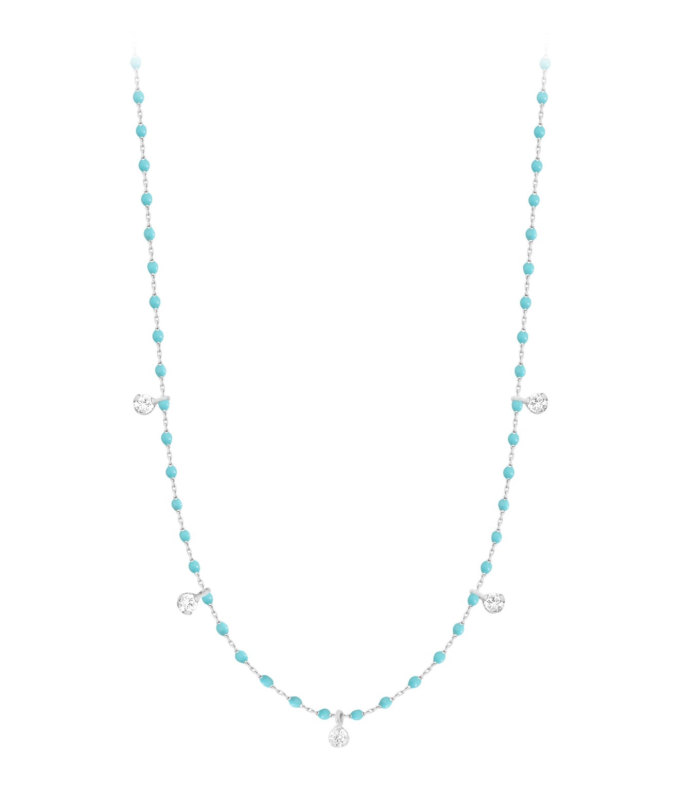 Gigi Clozeau - Collier turquoise vert Mini Gigi, or blanc, 5 diamants, 55 cm