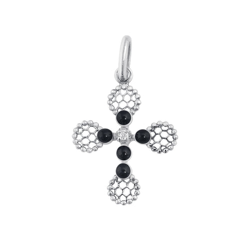 Gigi Clozeau - Pendentif Croix Dentelle Perlée résine noire, or blanc, diamant
